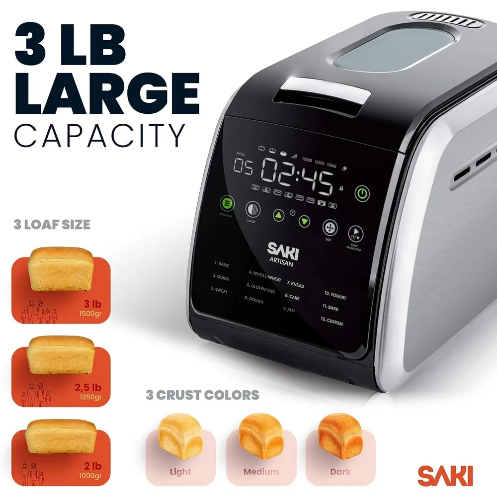 Bread Maker Machine, 3 LB XL 12-in-1 Programmable, BPA-Free & Nonstick Ceramic Pan, Digital Touch Panel, 3 Loaf Sizes,