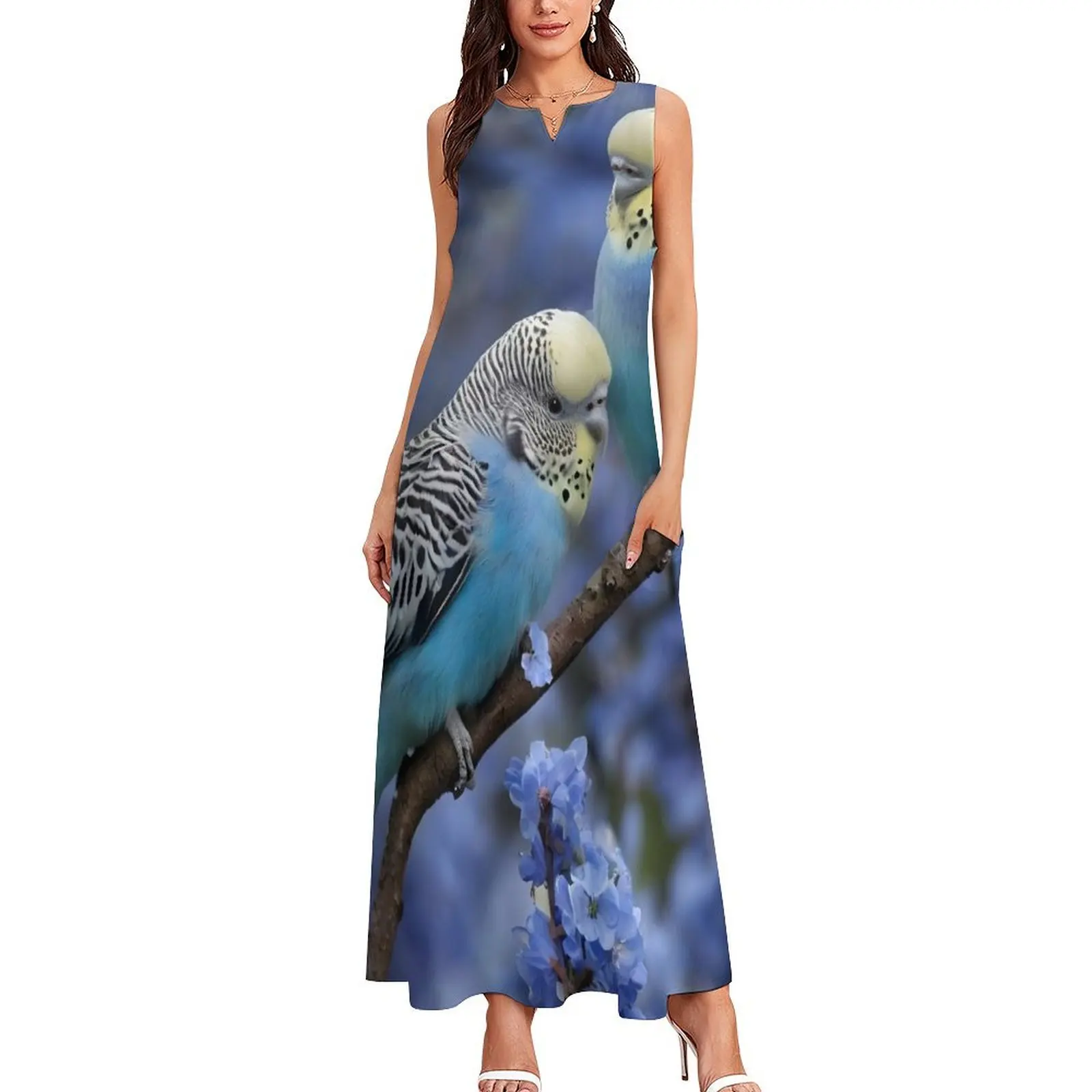 Tranquil Harmony: Blue and Yellow Budgies in a Blue Blossom Tree Long Dress womens dress summer clothes for women