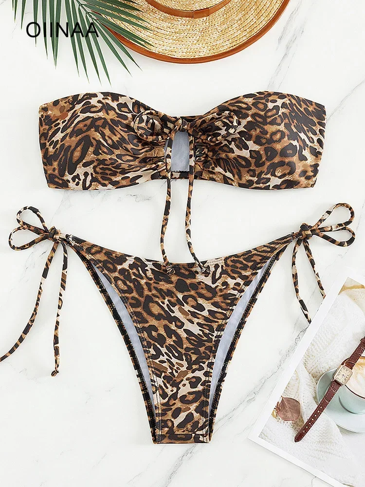 

OIINAA Strapless Leopard Swimsuit Women Bikini Set Two-Piece Backless Female Swimwear Bathing Summer Fashion Holiday Beachwear