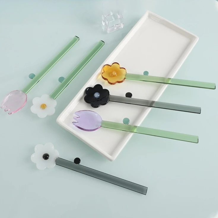 

1pc Glass Dessert Spoon Solid Color High Temperature Resistant Spoon Creative Flower Long Handle Juice Coffee Stirring Spoon