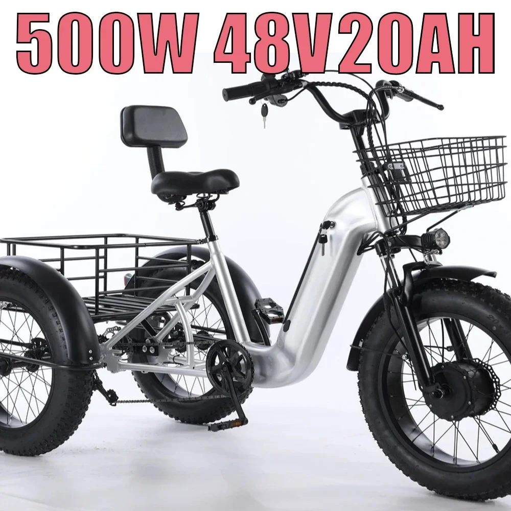 For Commuting Outing Electric Tricycle 500W48V20AH Lithium Battery 20*4.0Inch Fat Tire Ebike Elderly People Snow Electric Bike