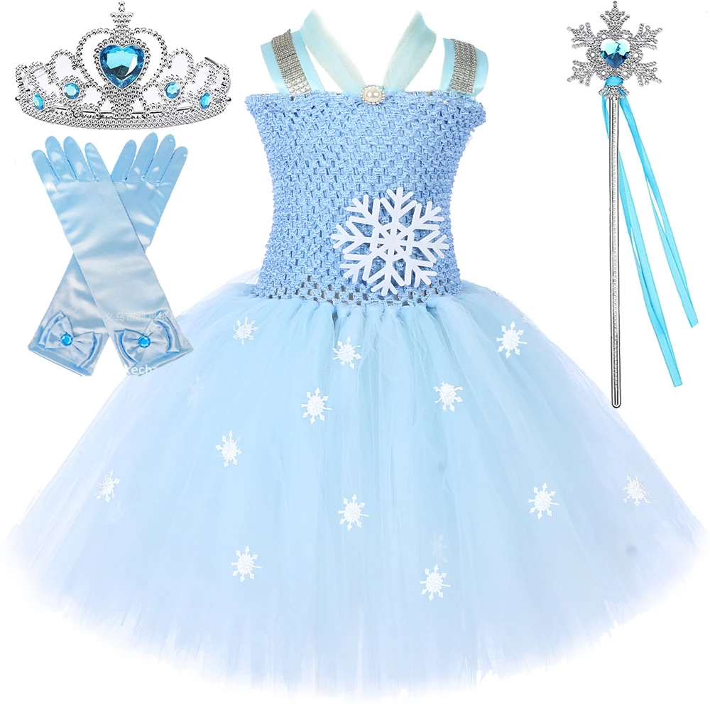 Blue Princess Elsa Costumes for Girls Christmas Snow Queen Ballet Tutu Dress for Kids New Year Outfit with Wig Braid Wand Gloves