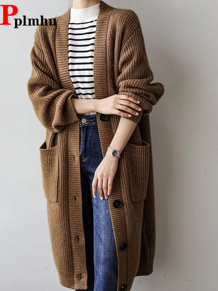 

Baggy Long Knitted Cardigan Single Breasted V-Neck Coat Fashion Soft Sweater Abrigos Loose Soft Warm Tops Jackets Gilet
