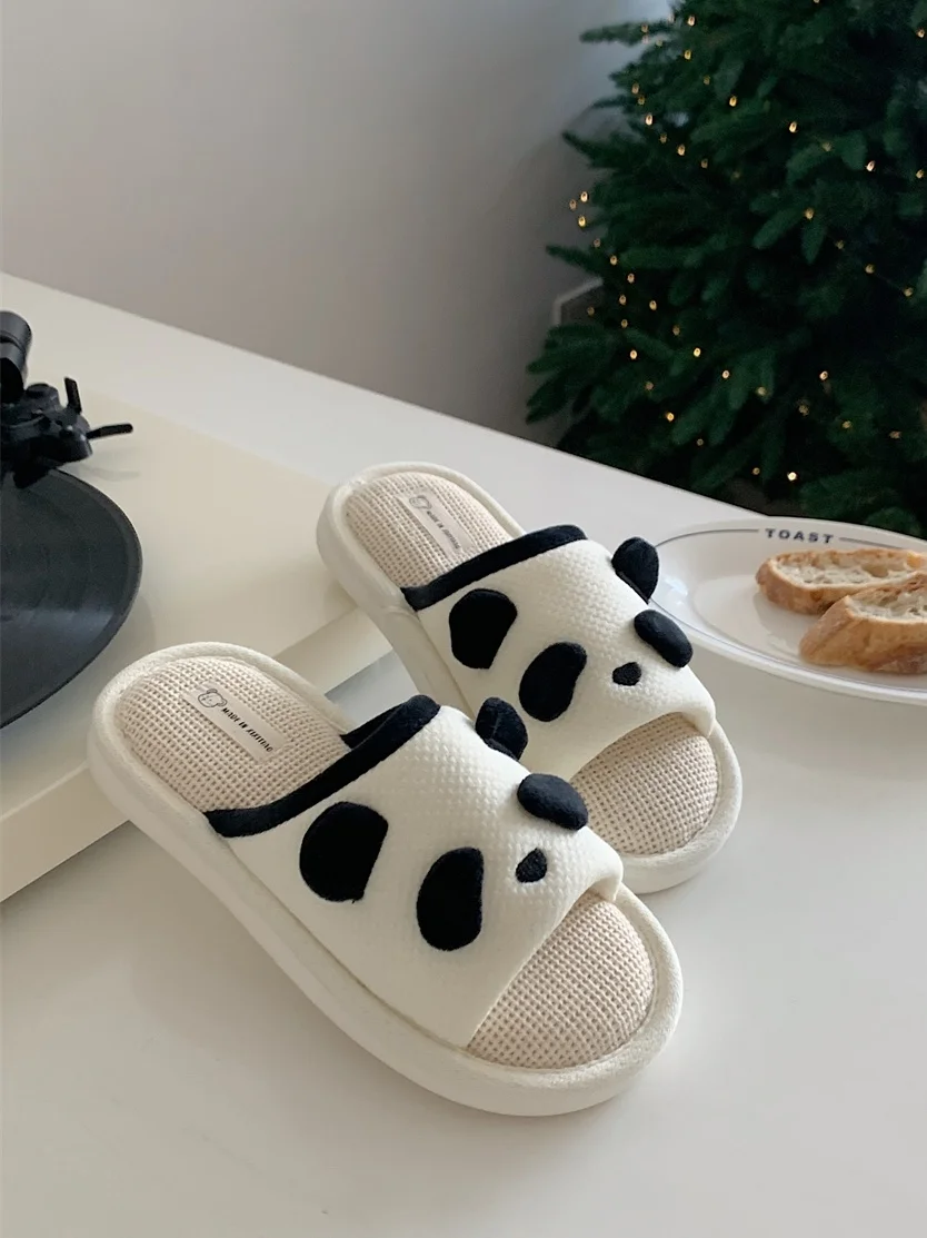 Panda Linen Slippers For Women Man Four Seasons Indoor Anti Slip Soft Sole Cute Stillness Floor Slipper For Couple