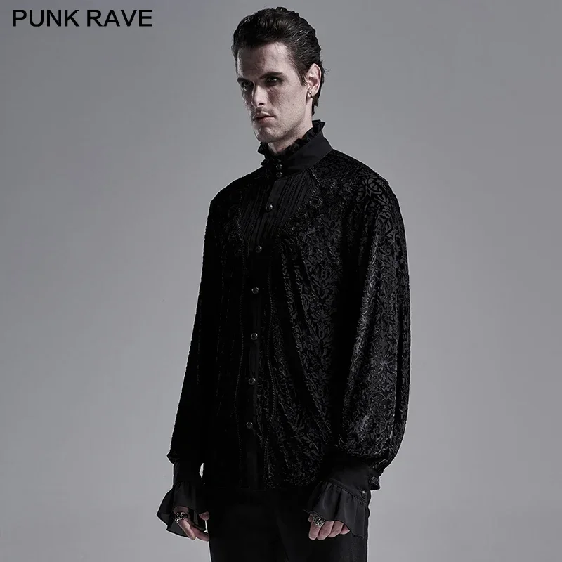 PUNK RAVE Men\'s Gothic Gorgeous Vintage Velvet Laser Dress Shirt Palace Jacquard Banquet Wedding Long Sleeve