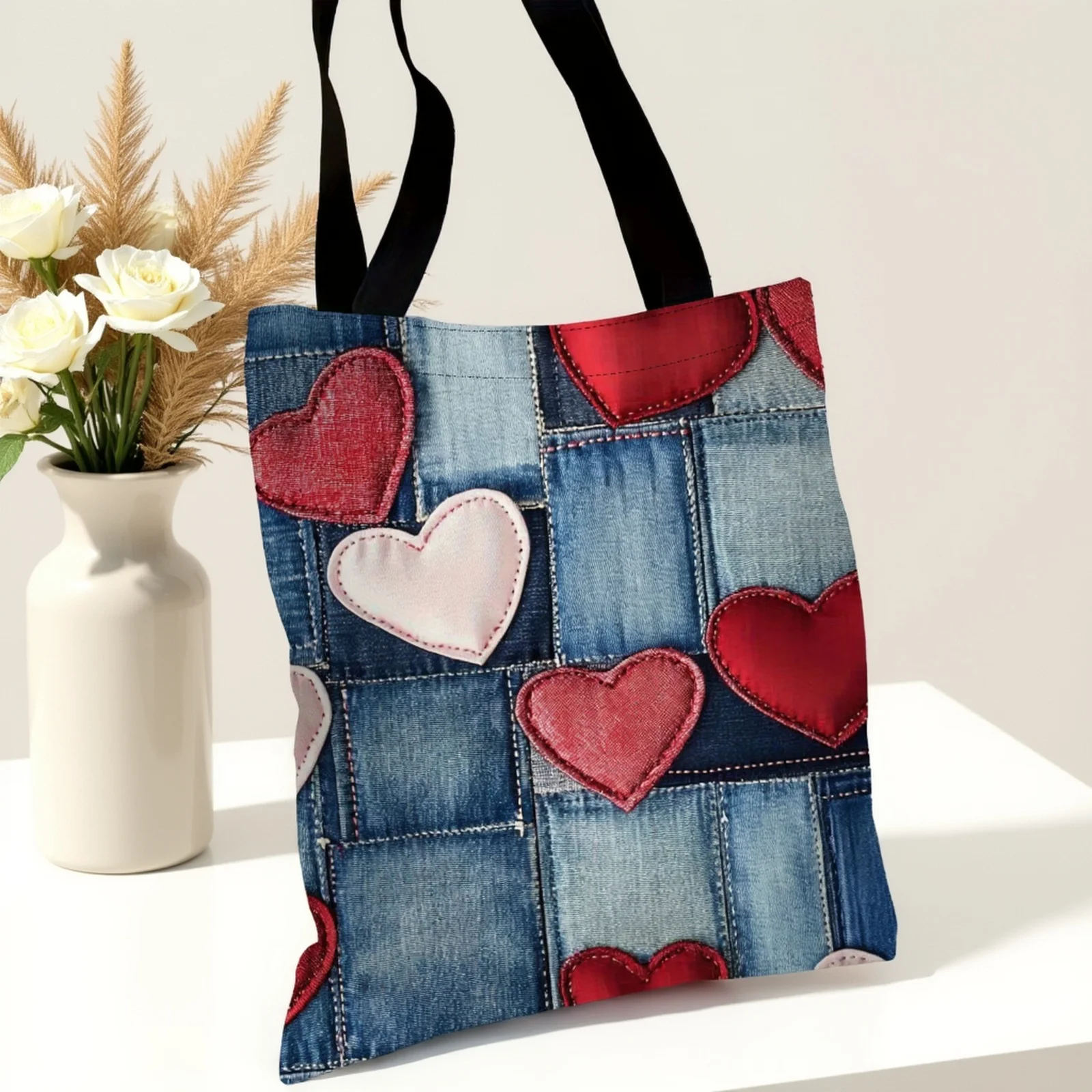 1pc Tote Bag Beautiful Patchwork Design Shopping Bag -Offered in Blue, Red Pink And White Heart Patterns Romantic Shopping Bag