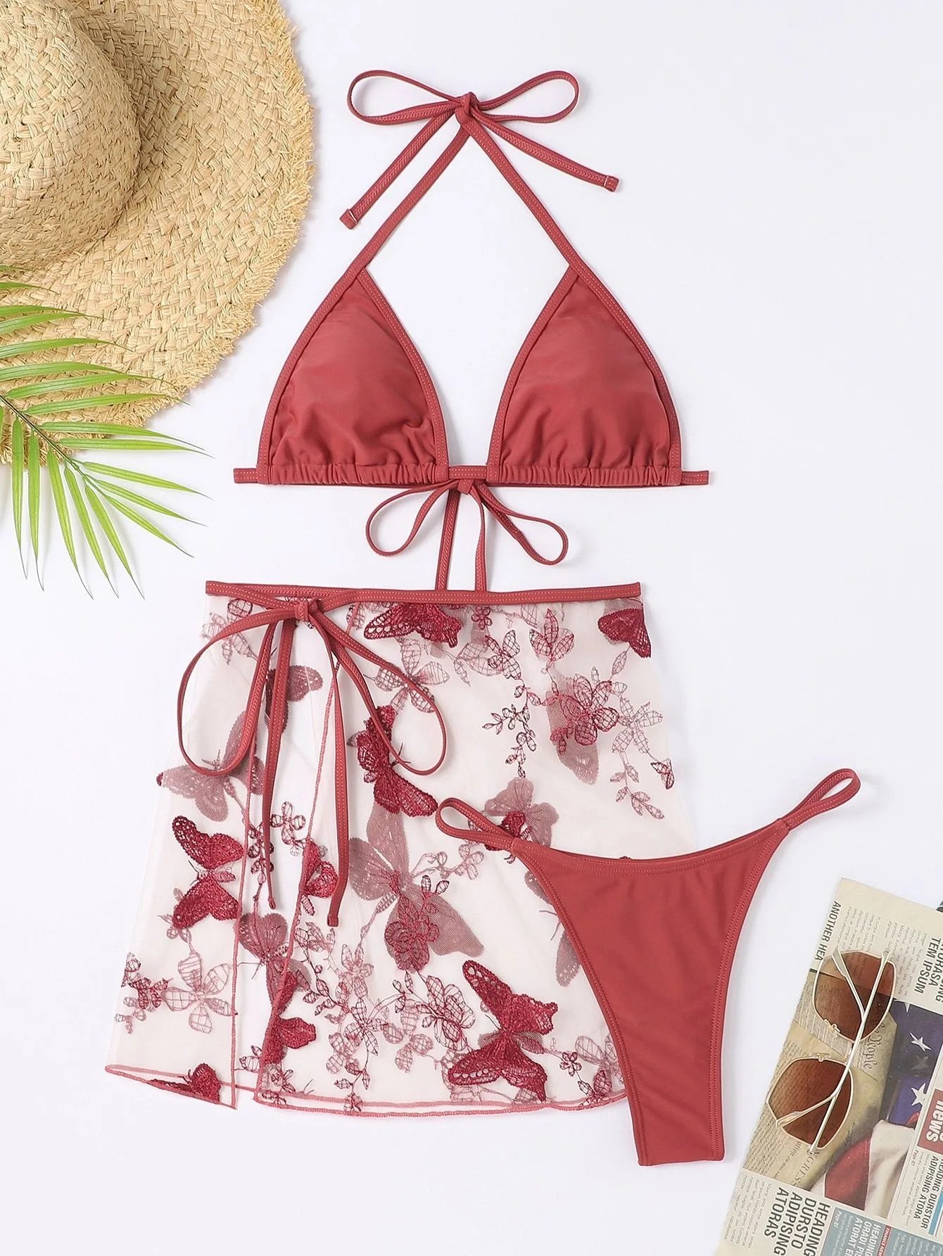 sexy halter tie micro bikinis sets three pieces with embroidery butterfly lace tie skirt swimsuits bathing suit swimwear biquini