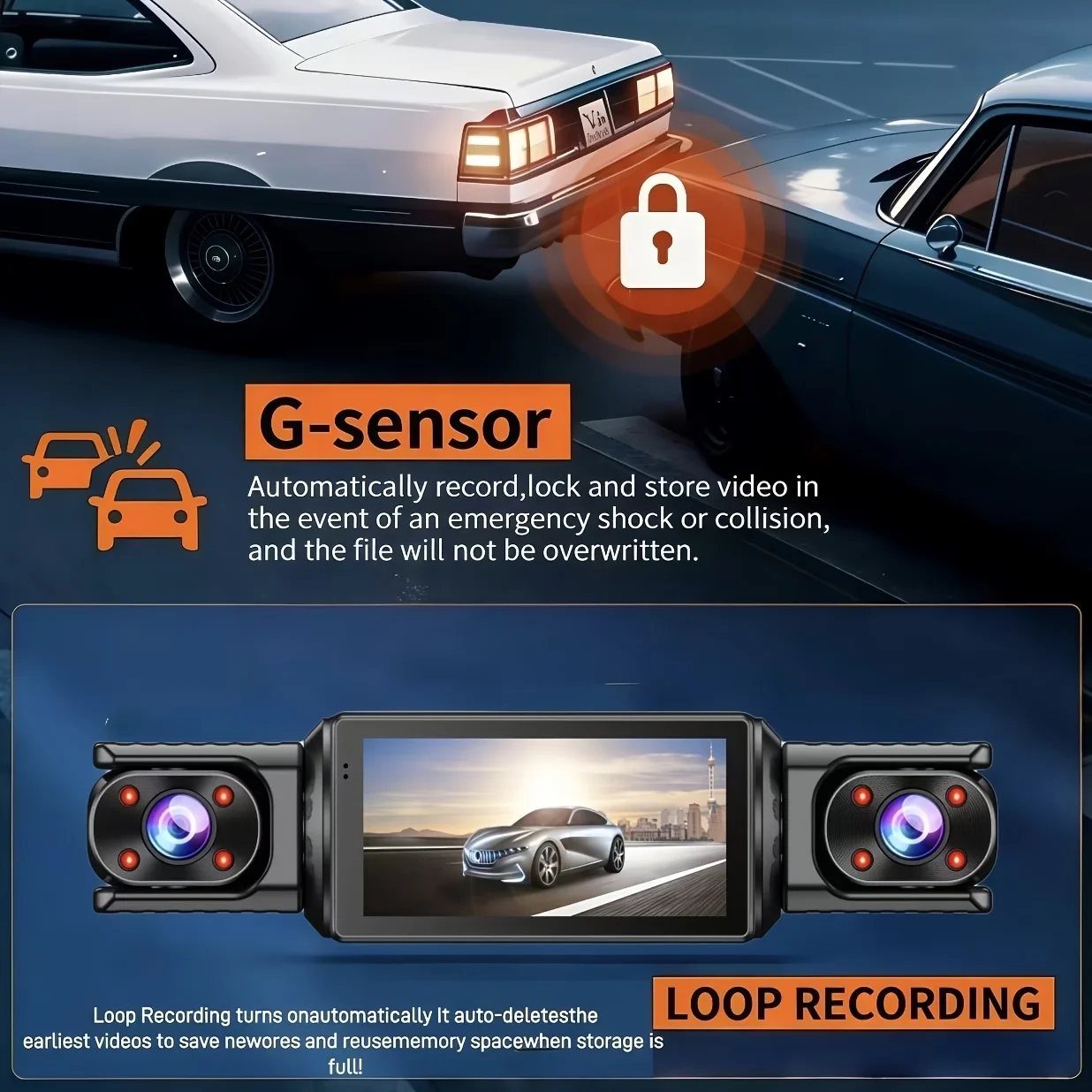 3/4 Channel Dash Cam for Cars,WiFi & App Live View, F2.0 Night Vision & WDR, G-Sensor Lock, Loop Recording