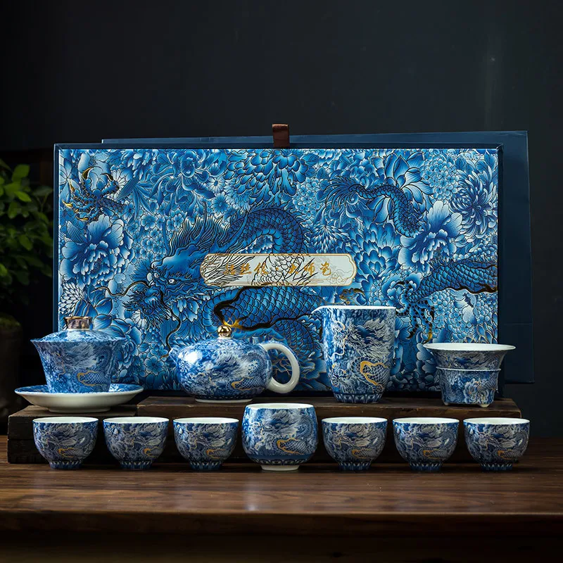 High-end fully handmade silver dragon-style Gongfu tea set with enamel-colored agate bowl and phoenix-bird-shaped teapot