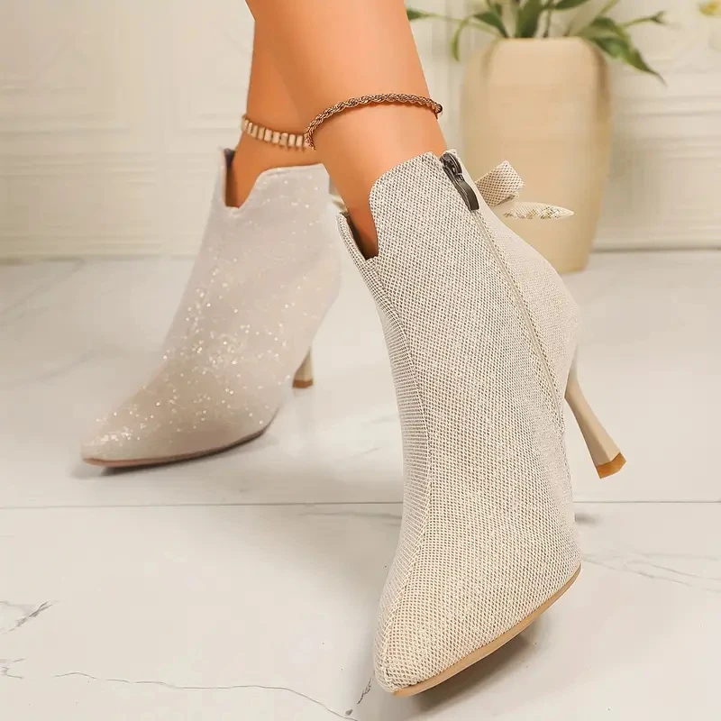 

Хлопковая обувь на шпильке с бантом, осень 2021, модные нескользящие износостойкие ботильоны на каблуке с острым носком и молнией
