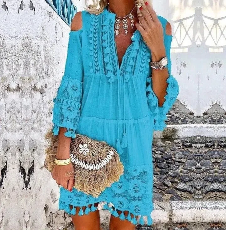 Beach Boho White Lace Fashion Eu Mini Dress Women Autumn Pop Tassel Loose V  Neck Dresses Lady Female Clothing - AliExpress 200000345