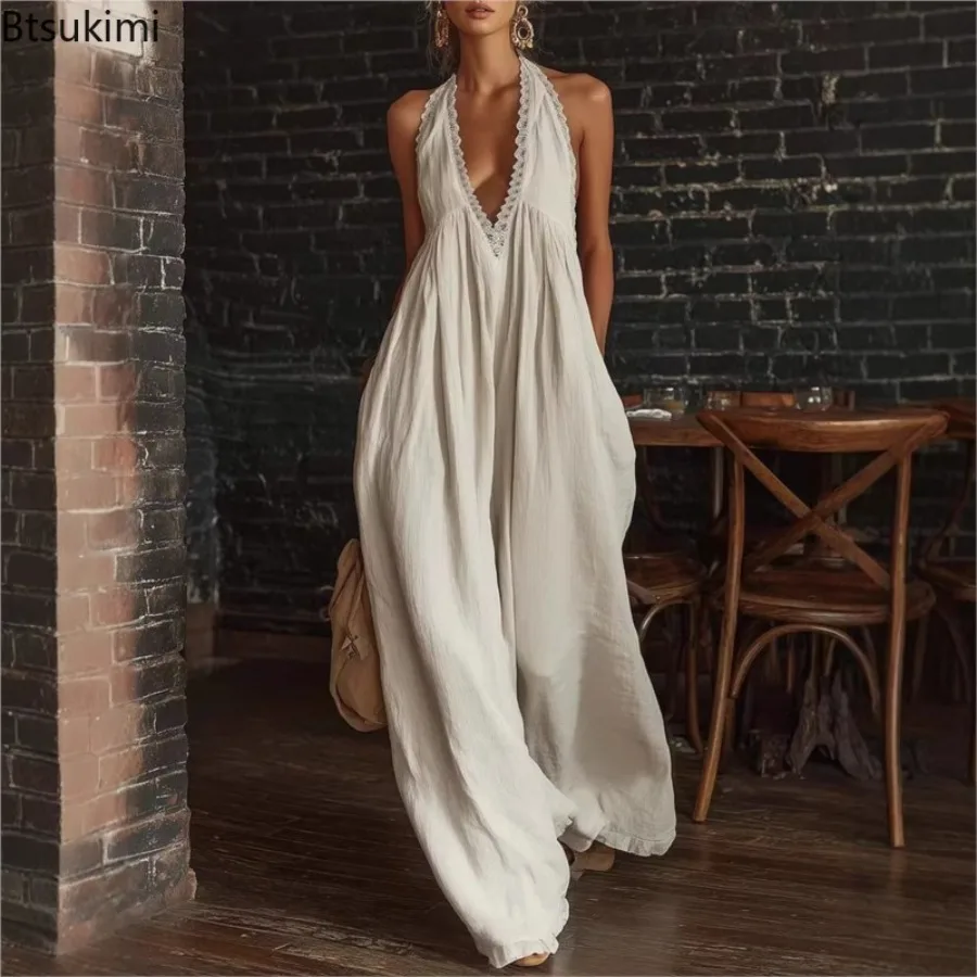 New Summer Casual Sleeveless Holiday Jumpsuits for Women Fashion High Street Wide Leg Playsuits Solid Lace V-neck Loose Rompers