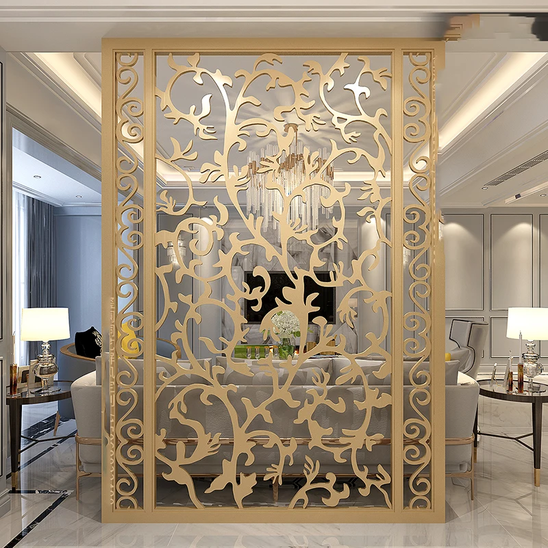 Metal Hollow Screen Partition Modern Living Room Pure Copper Wire Drawing European Style Copper Carved Flower Villa Copper