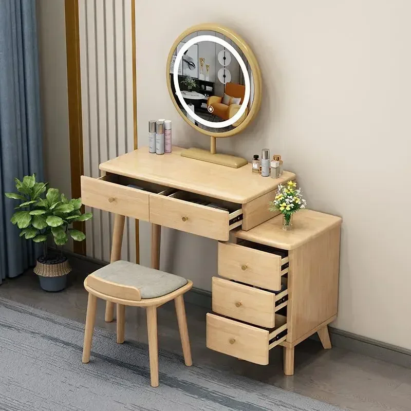 

Modern Solid Wood Dressing Table Vanity LED Mirror Make Up Table Dressers Organizer Storage Drawer Classic Bedroom Furniture