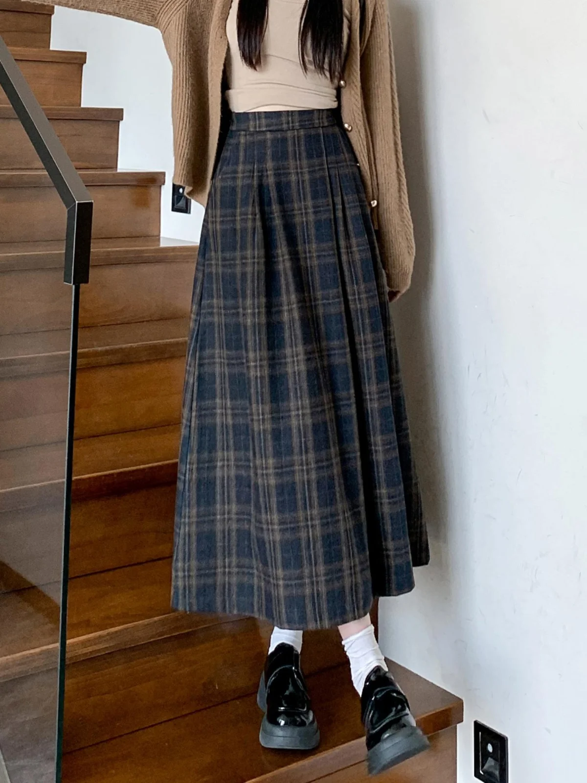 Jupe longue plissée en laine mélangée à carreaux vintage pour femmes, streetwear taille haute, ligne A, printemps, automne