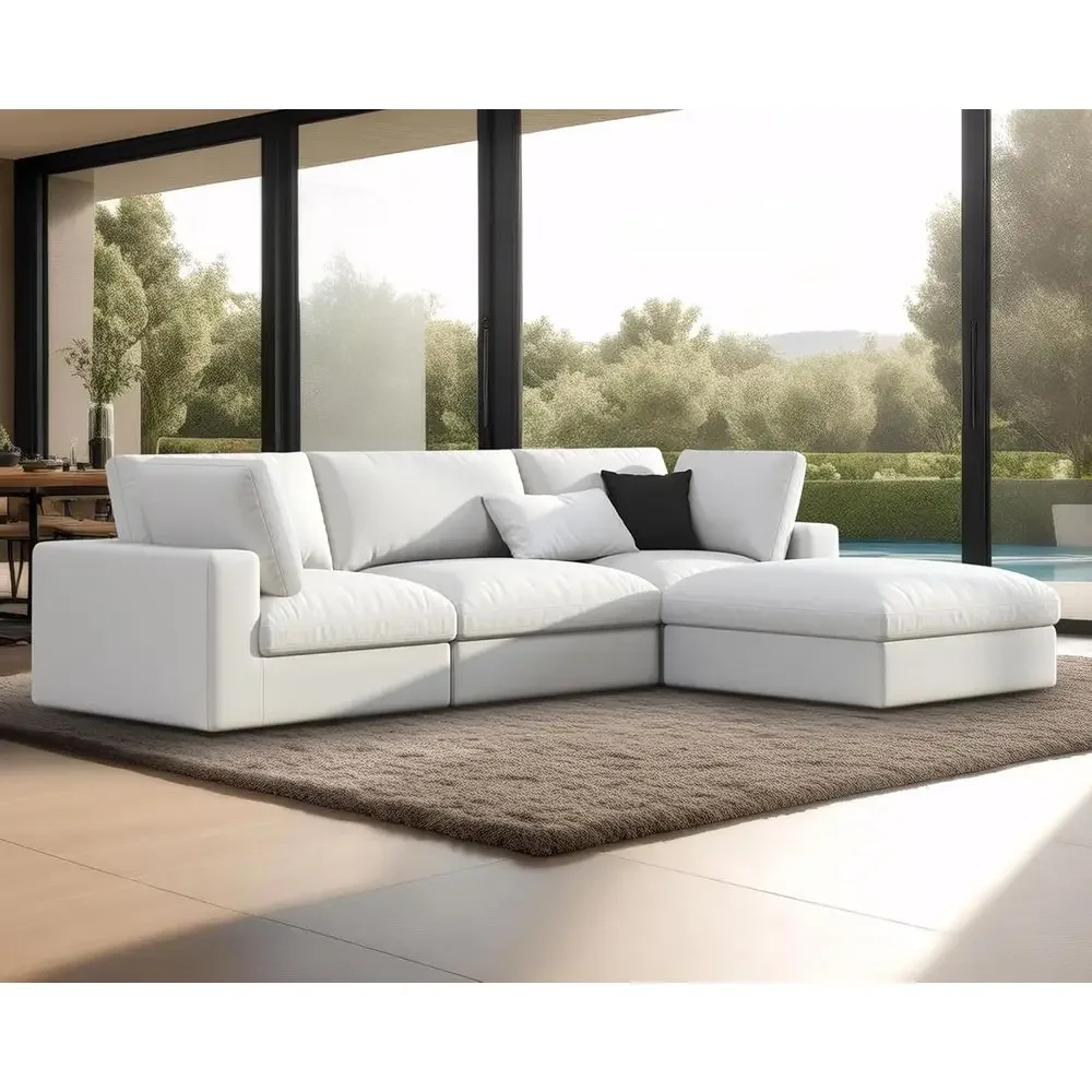 

Oversized Down-Filled Sectional Sofa with Chaise and Ottoman, 4-Seat L-Shaped Couch in White Linen for Living Room