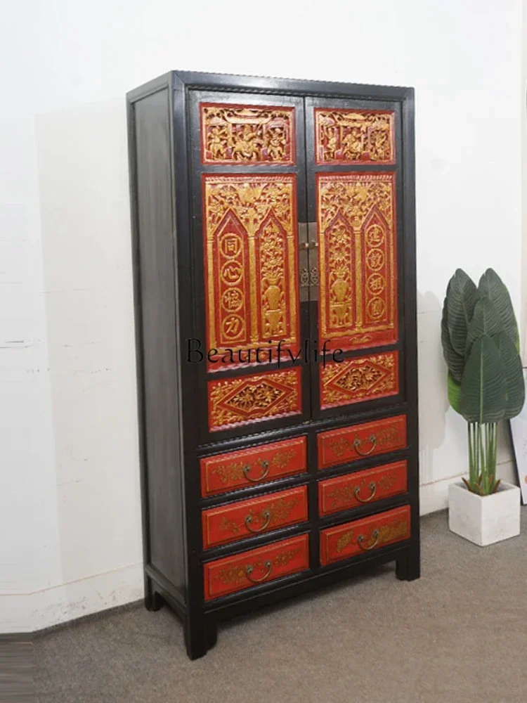 

yj32 Solid wood storage storage color paint to do Japanese retro wardrobe gold paint wood carving