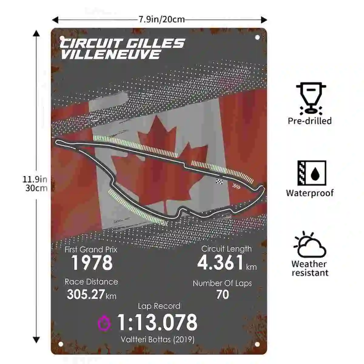 2D FLAT 1pc Circuit Gilles Villeneuve Canadian Flag Racing Track Metal Wall Sign Decoration for Home Garage Office And Garden