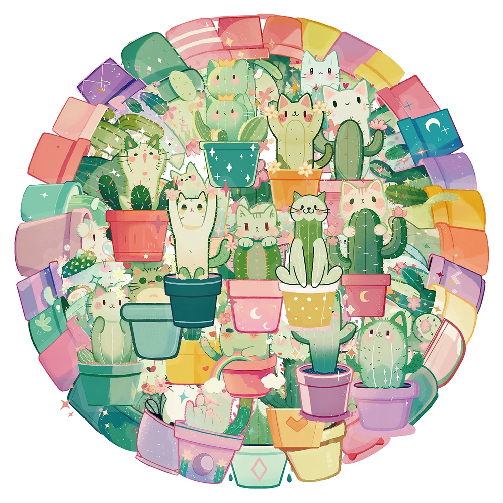 

10/30/50pcs Kawaii Cactus Cat Cartoon Stickers Cute Animal Kitten Decals DIY Scrapbook Suitcase Phone Creative Graffiti Sticker