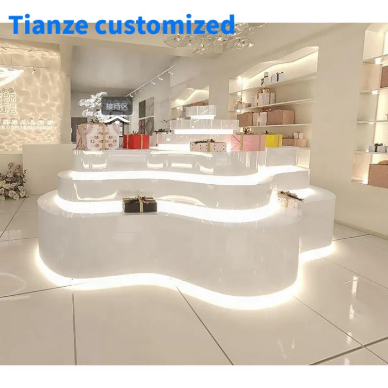 （customized）Modern Wood Display Table CustomStone Display Kiosk Stand LED Light Retail Shop Counter Exhibition Table