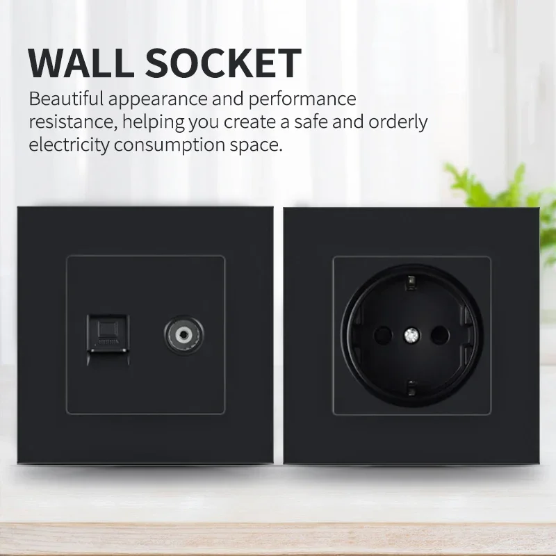 

T&I EU RU Wall Socket Plug Electrical Outlets Double 16A 250V EU Standard Power Socket Black Plastic Panel，For Home