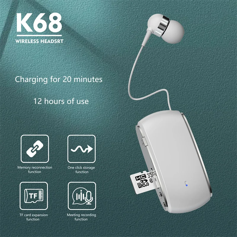 

Cross-border K68 new collar Bluetooth headset MP3 headset wireless telescopic cable single-ear card recording