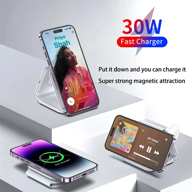 Universal Qi2 Magnetic Foldable Charging Station Travel Charger for iPhone Samsung Xiaomi OPPO 3 in 1 Wireless Charger view 5
