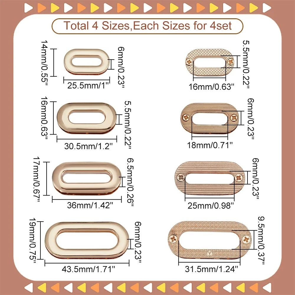 16Pcs 4 Style Zinc Alloy Screw-in Grommet Eyelet Findings for Bag Making Oval Light Gold 2.55~4.35x1.4~1.9x0.55~0.65cm view 2