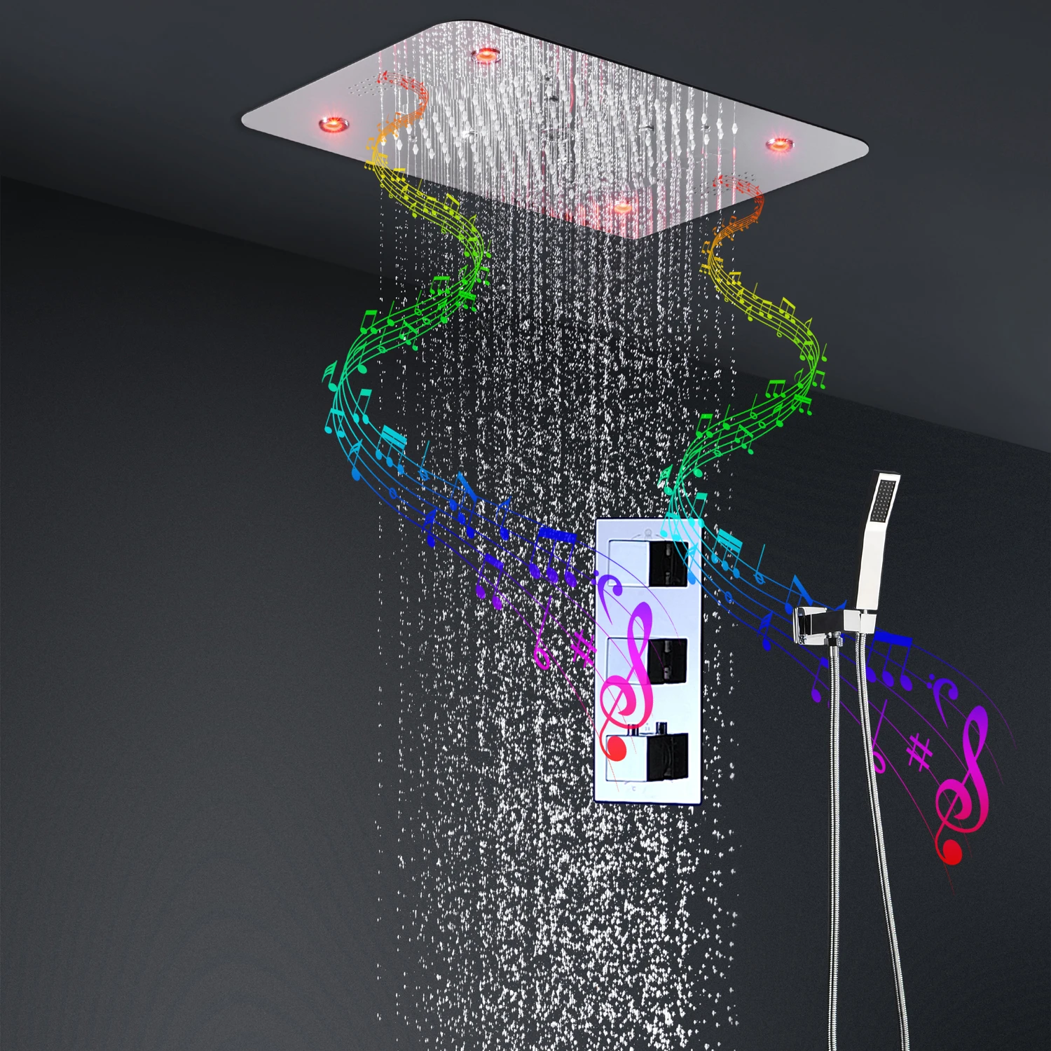 

Music Shower System Ceiling LED Massage Misty Rain Showerhead 3 Functions Thermostatic Brass Concealed Mixer Faucets