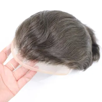 Erkekler için insan saçı peruk değiştirme sistemi Mono ince cilt Pu ve fransız dantel ön saç parçaları Mens için peruk #4 açık kahverengi