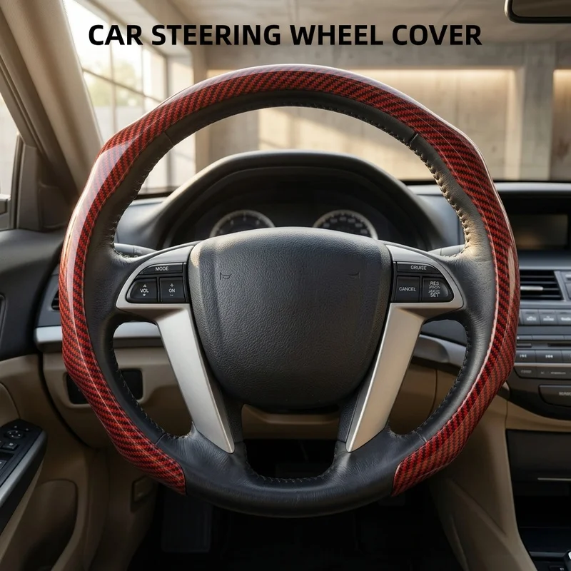 Unbranded carCRed carbon fiber texture steering wheel cover，Universal for multiple vehicle models/Quick snap-on and off assembly