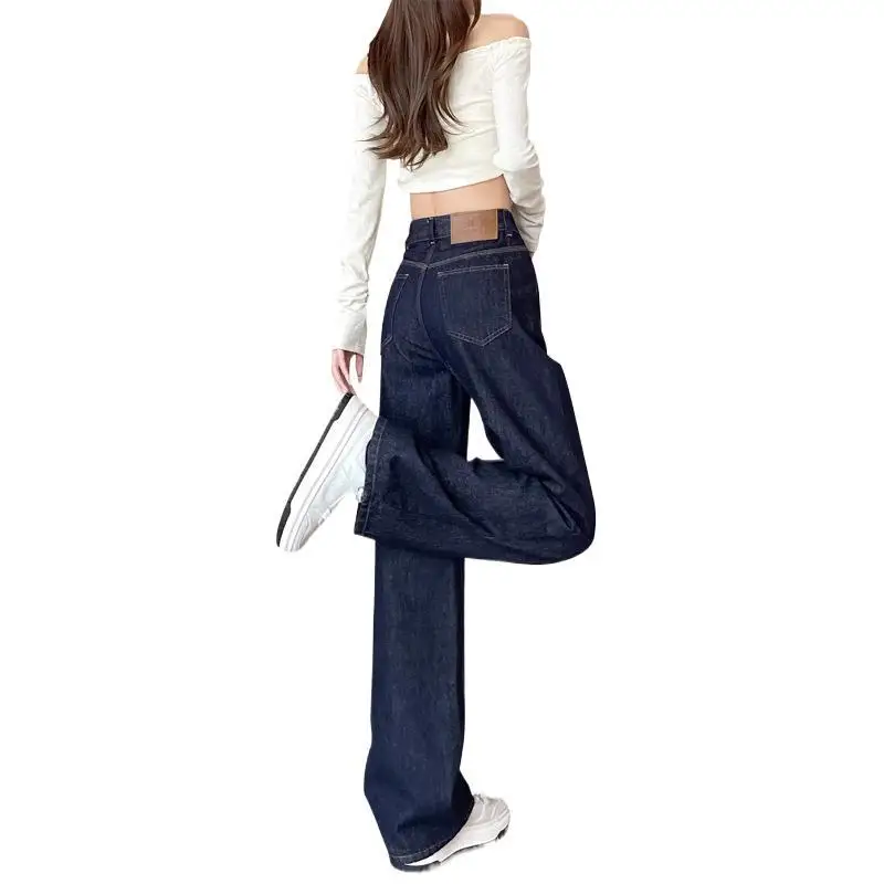Donkere wassing jeans met hoge taille en wijde pijpen voor dames, losse pasvorm, wijde denimbroek, casual streetwear broek