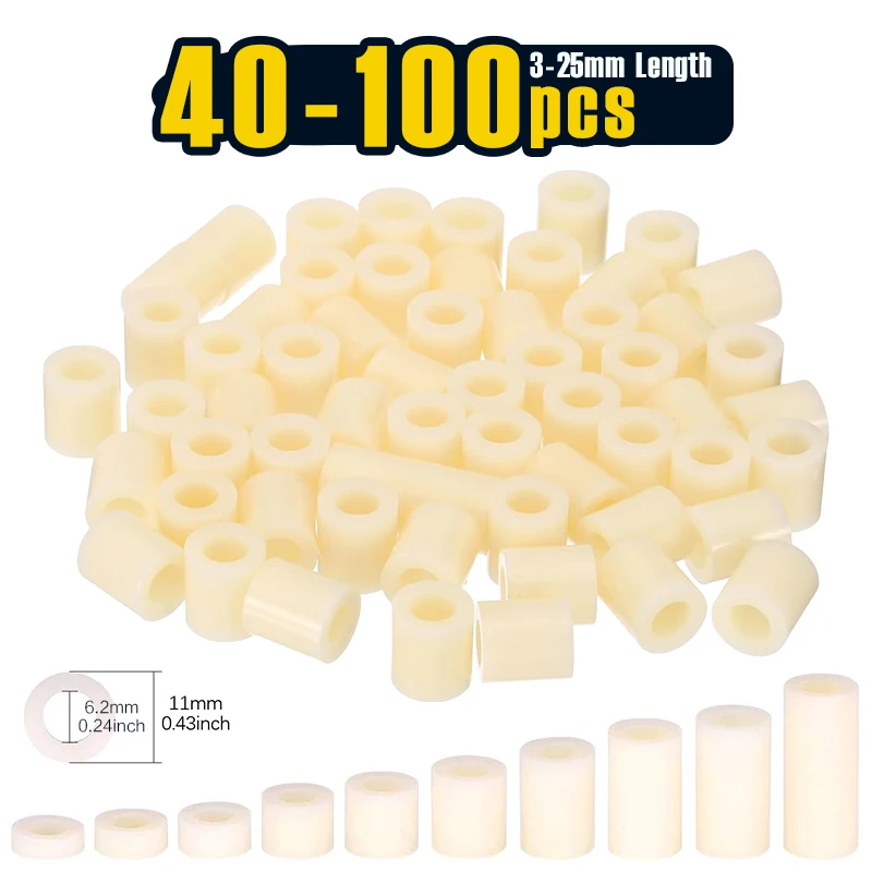 40-100 Pcs M6 Round Spacer Washer Set, White ABS Plastic Spacer Washer 6.2mm ID, 11mm OD, 3-25mm Length for M6 Screws