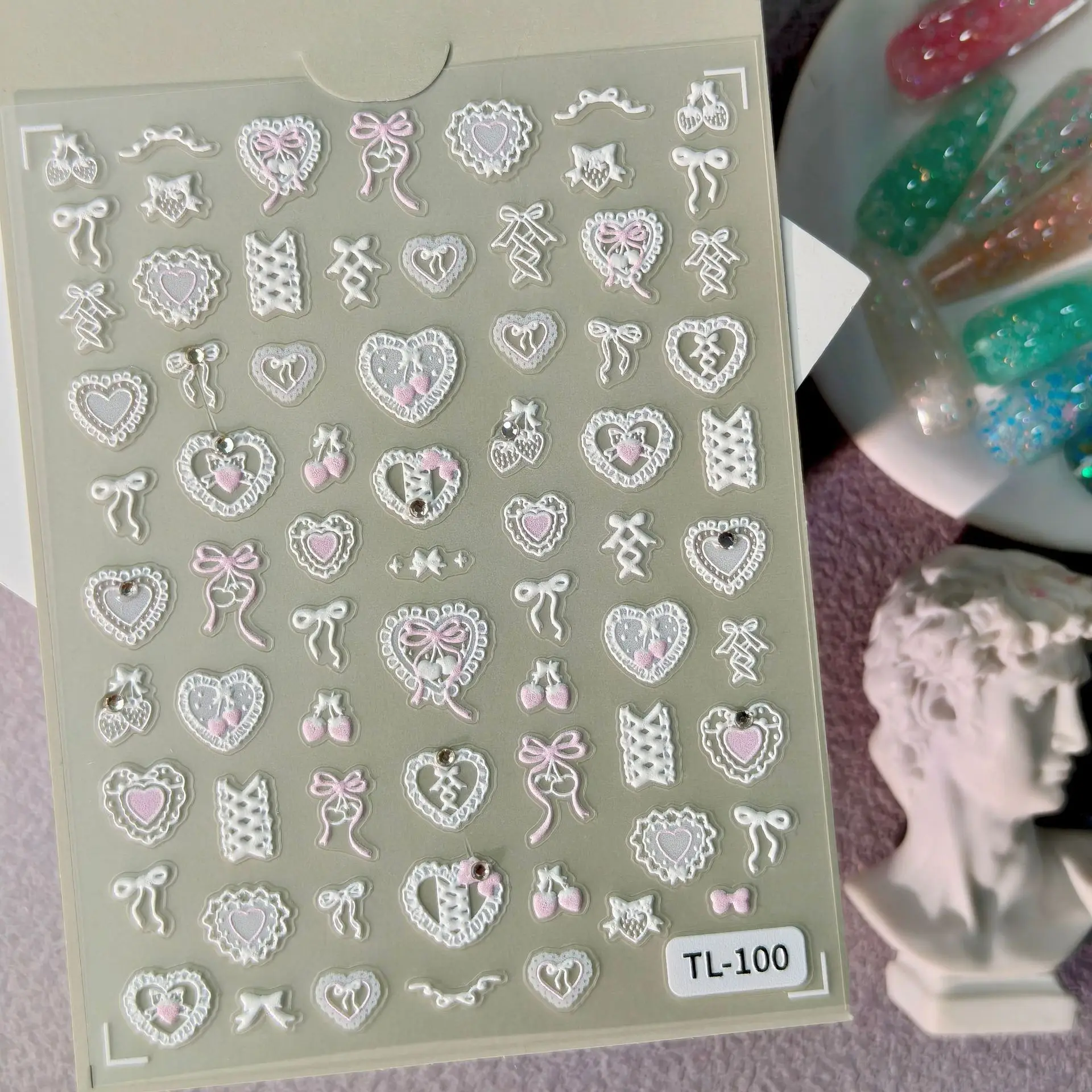 1 Set Rhinestone Lace Heart 5D Embossed Nail Stickers Pink White Lace Hearts Self Adhesive DIY Manicure Nail Decor Ornaments