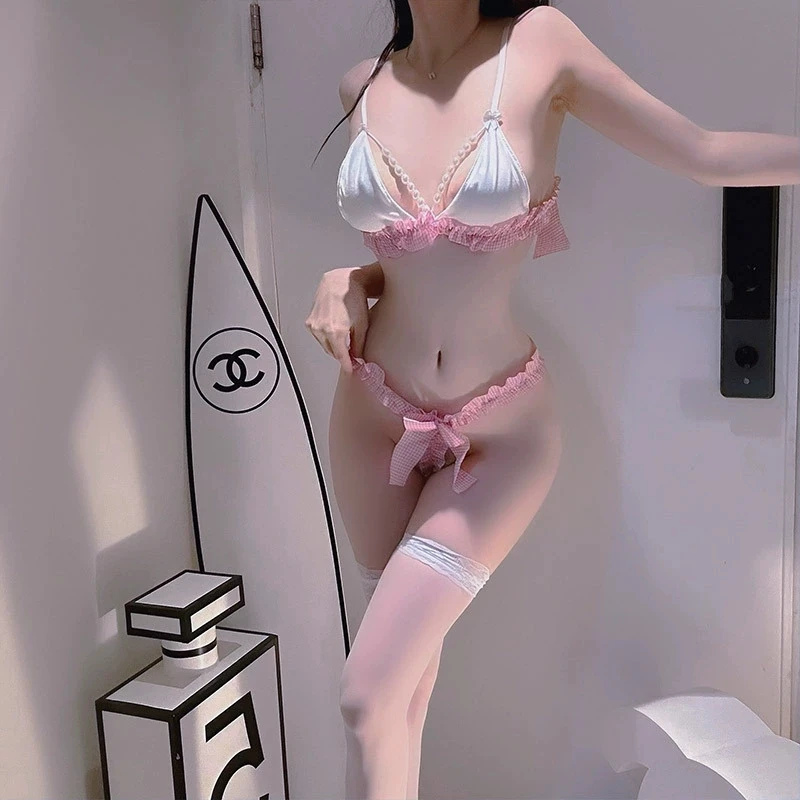 Sexy Lingerie Three-point Cute Cosplay Costumes Pearl Bra and Panty Set Temptation Lolita Bikini Lace Bow Outfit Underwear Women
