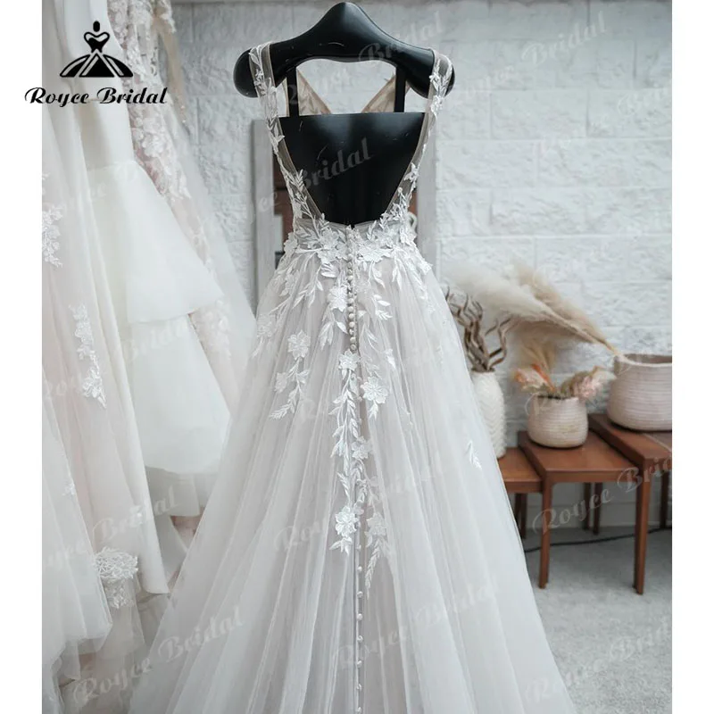 2024 Beach A Line abito da sposa fluido con scollo A V Appliques in pizzo abito da sposa senza schienale abito da sposa da spiaggia trouwjurk Robe de mariee