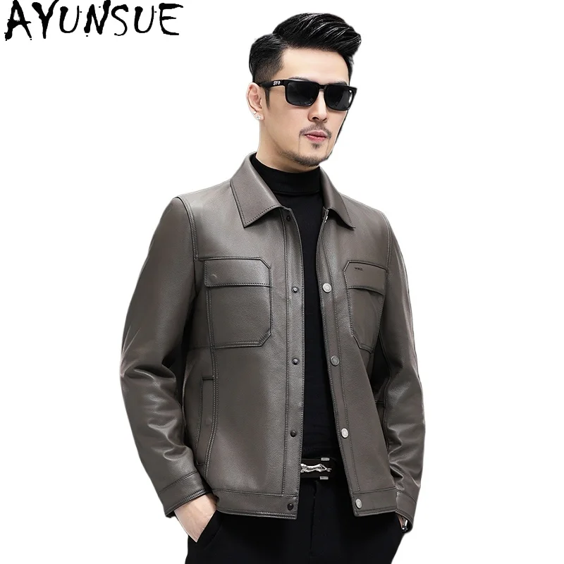 

AYUNSUE Real Sheepskin Jacket Man Leather Coat Turn Down Collar Short Genuine Leather Jackets Motorcycle Clothing Spring Autumn