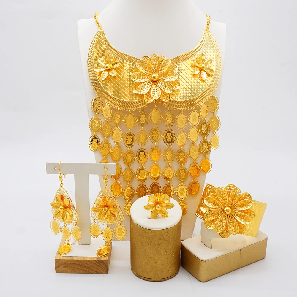 Luxurious jewelry long wide body jewelry set 24k gold-plated women\'s banquet wedding necklace set