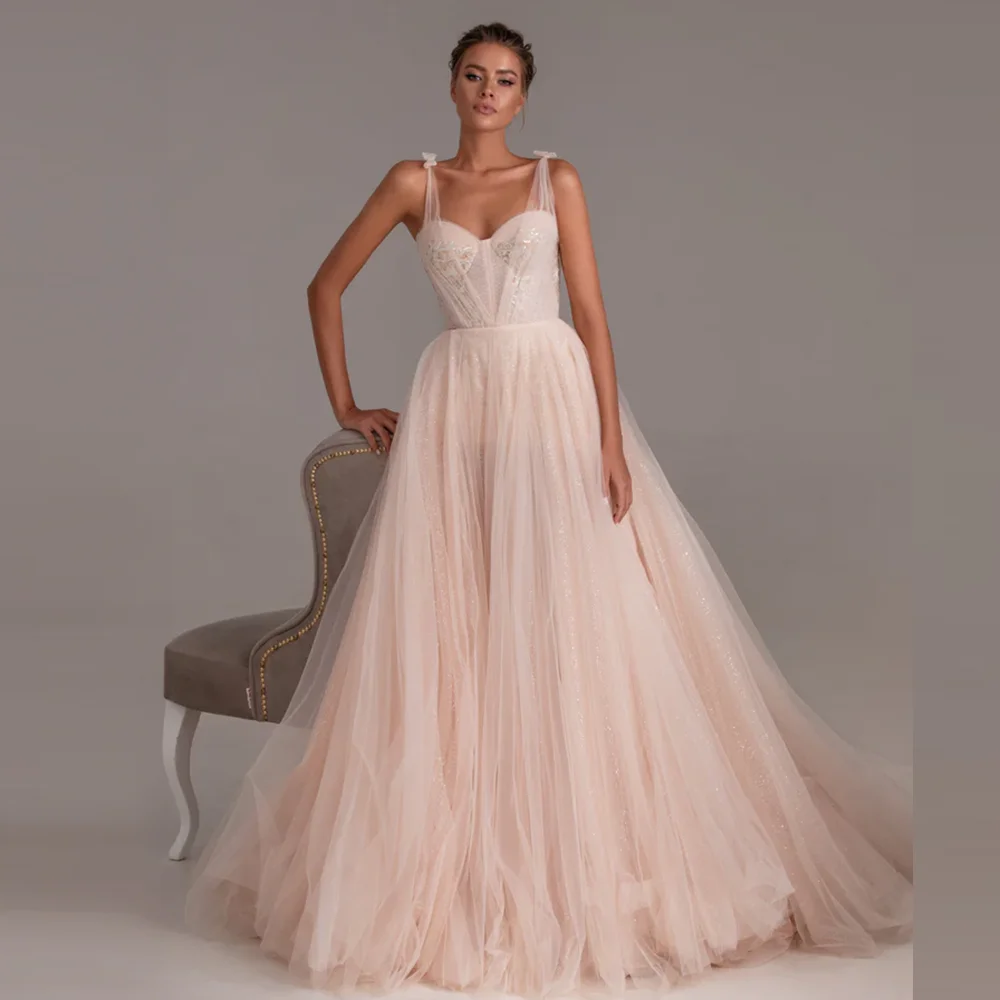 

Glamorous Sweetheart Collar Tulle A-line Evening Prom Dress with Sparkly Sequins Court Straps Prom Bridal Gown Customized