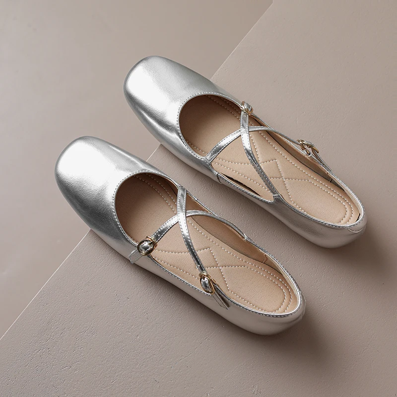 Split Leather Women Mary Janes Flats Autumn Spring Beige Silver Cross Strap Shoes Petite Feet Round Toe Buckle Flat Shoes 3048-9