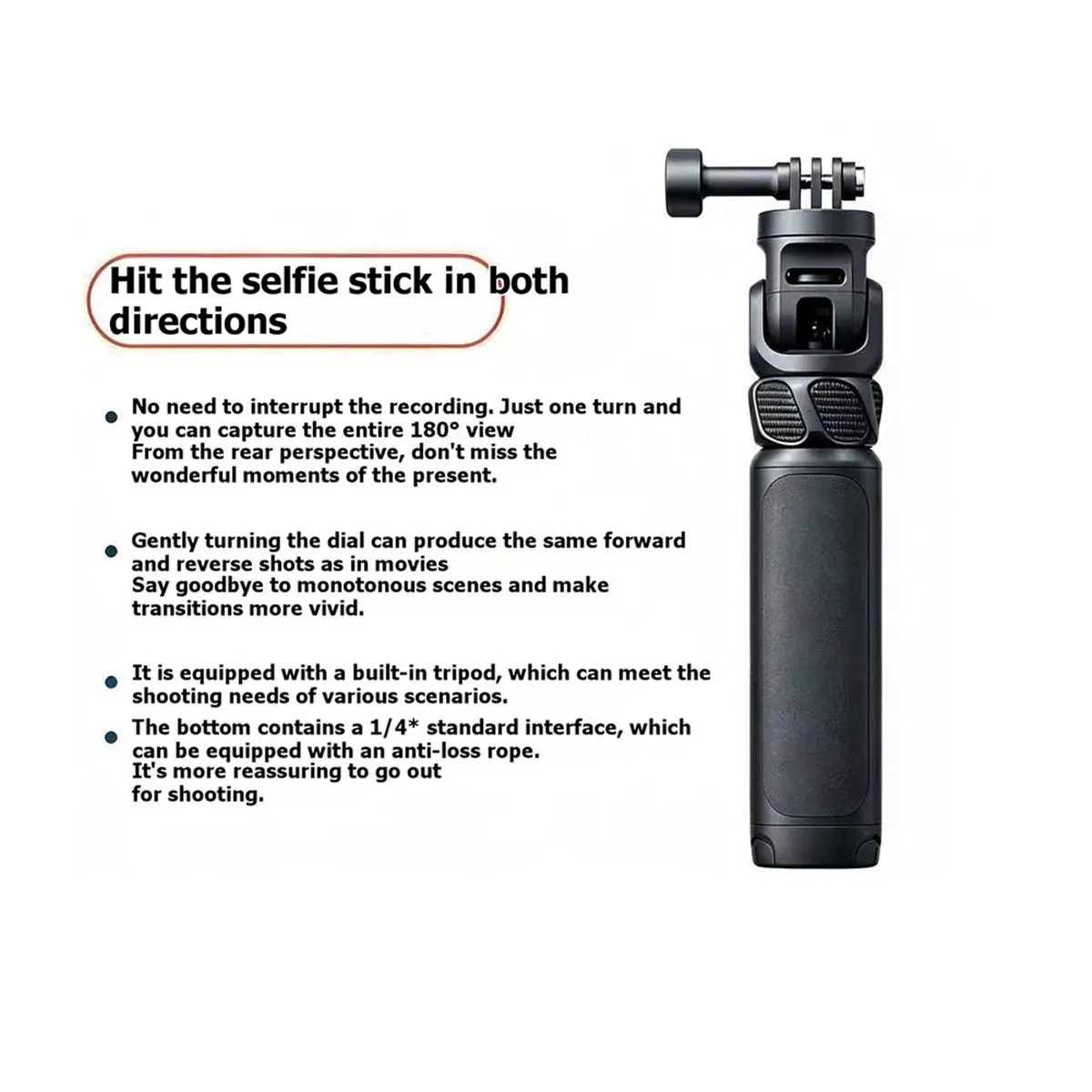 180° Flip Reverse Selfie Stick with Built-in Tripod for Action Camera Mount Forward & Reverse
