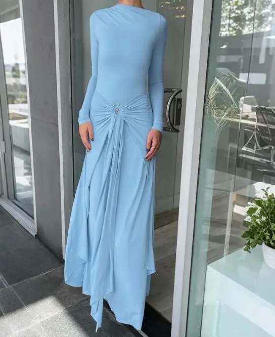 

Women's Dress Spring New Style Personalized Fashion Metal Ring Decoration Slant Neck Slimming Long Sleeve Elegant Party Dress