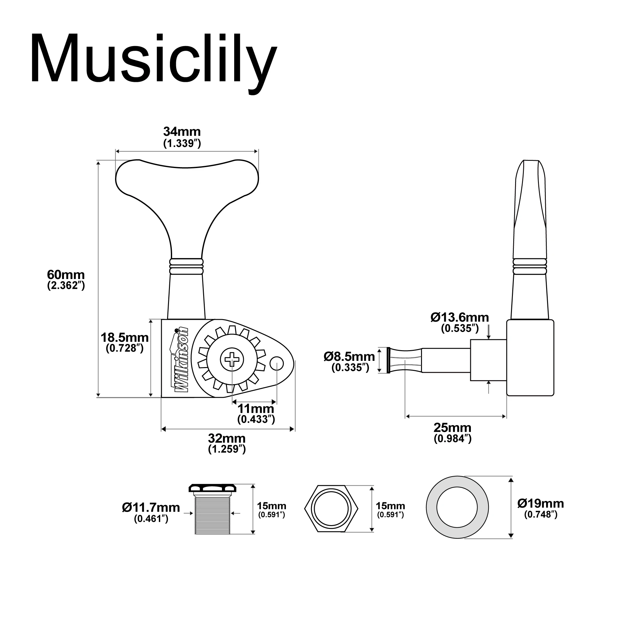 Wilkinson 2R2L 20:1 Ratio Open Gear Bass Machine Heads Tuners Tuning Pegs Keys with 90 Degree Screw for Ibanez Electric Bass