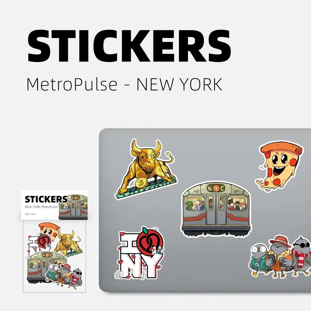 MetroPulse – New York City Sticker Set | Charging Bull, Subway, Pizza, and Pigeon, NYC Stickers, Laptop Decor, travel