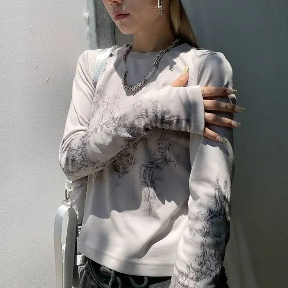 Roupas femininas vintage y2k camisetas 2023 blusas o-pescoço manga longa impressão túnica mulher roupas moda casual colheita topos camisas