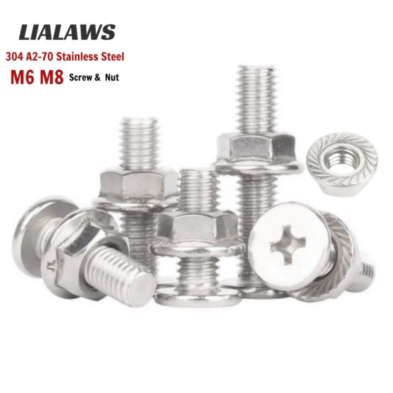 M6 M8 304 A2-70 Stainless Steel CM Phillips Ultra Thin Low Flat Wafer Head Bolt Screw & Serrated Flange Hex Lock Nuts