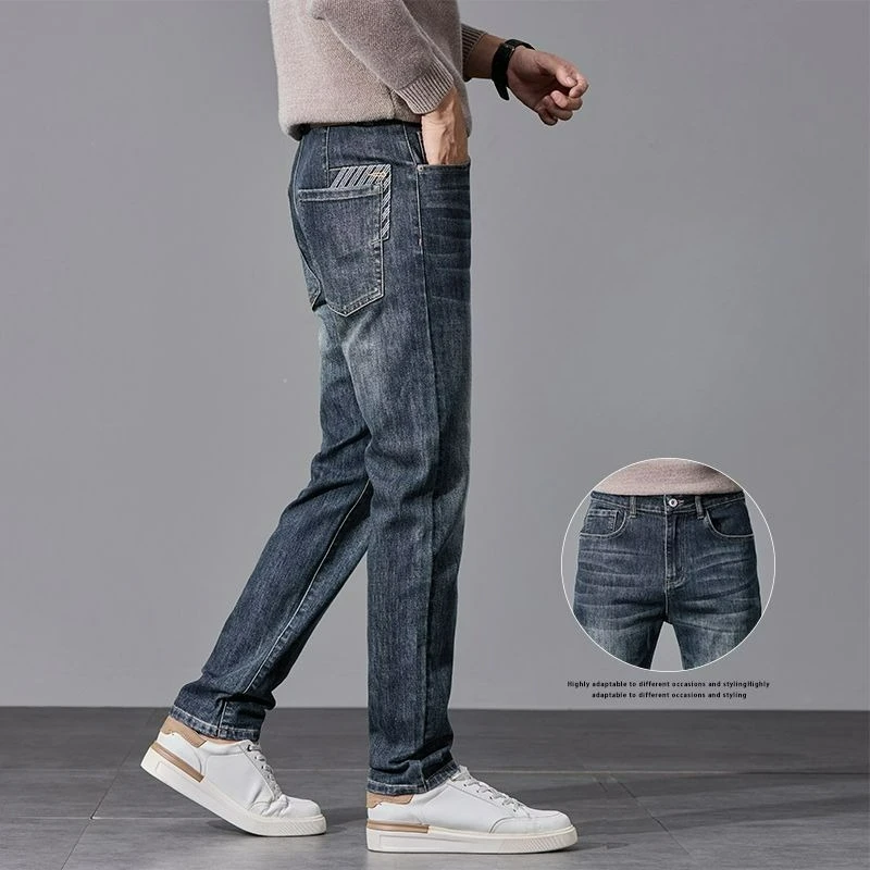 Осень-зима, деловые мужские удобные джинсы, повседневные прямые эластичные утягивающие хлопковые эластичные рабочие джинсовые брюки, модные универсальные