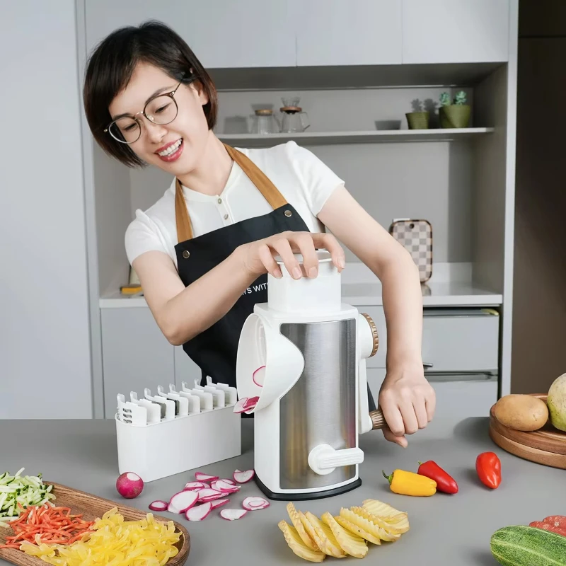 

Kitchen Accessories 5-in-1 Rotary Cheese Grater Vegetable Shredder Slicer Handle Round Mandolin Slicer