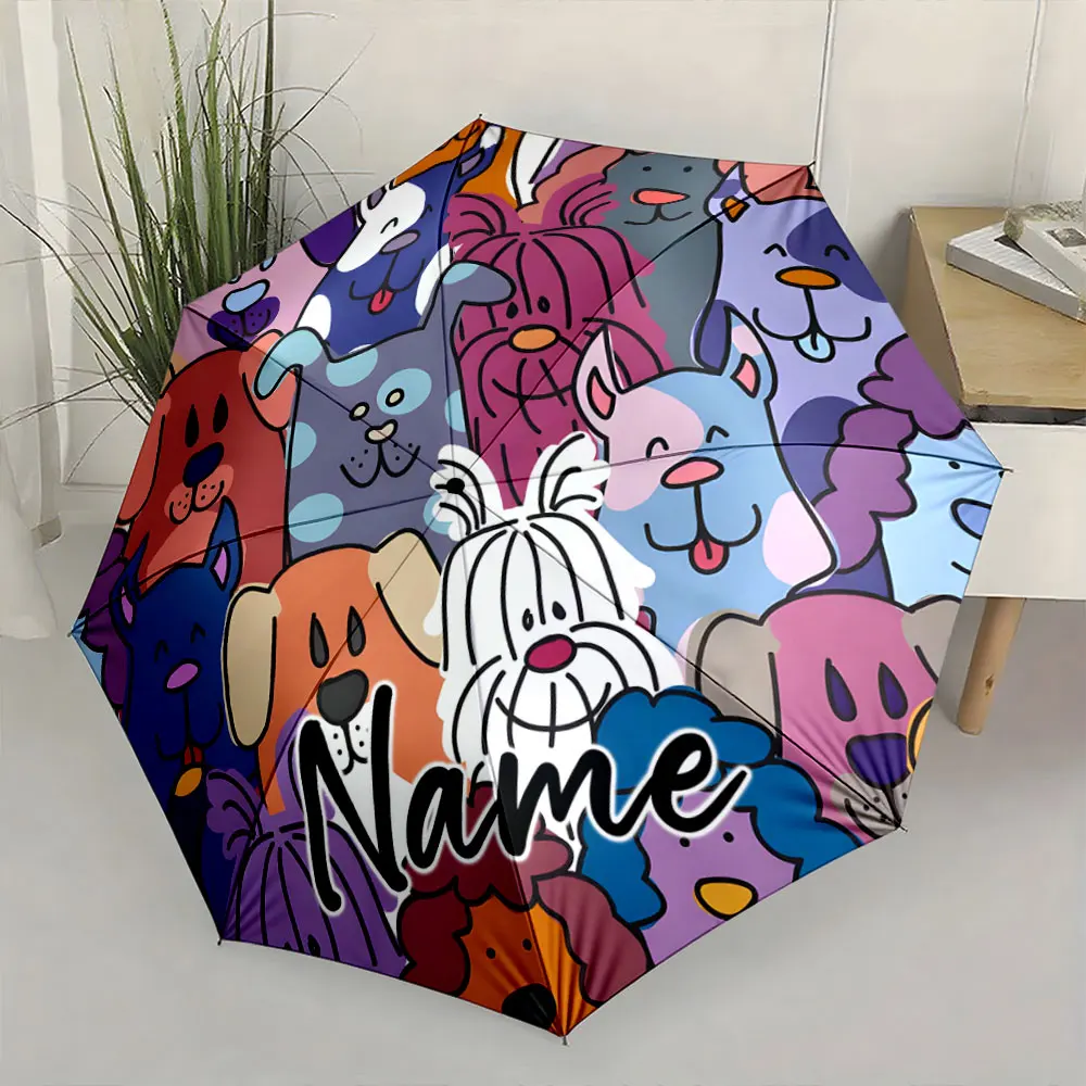 Custom Name Colorful Cartoon Dog Design Umbrella 8 Iron Ribs Folding Umbrella Auto-Open Fashionable Sunshade Deluxe Gift