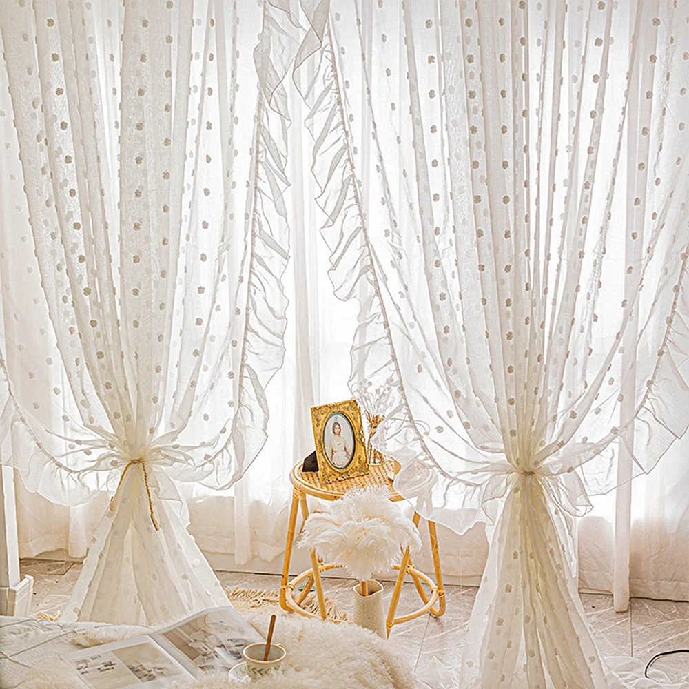 Cortinas transparentes con pompón blanco para habitación de niñas, tul de encaje Vintage elegante romántico, cortinas de ventana con filtro de luz